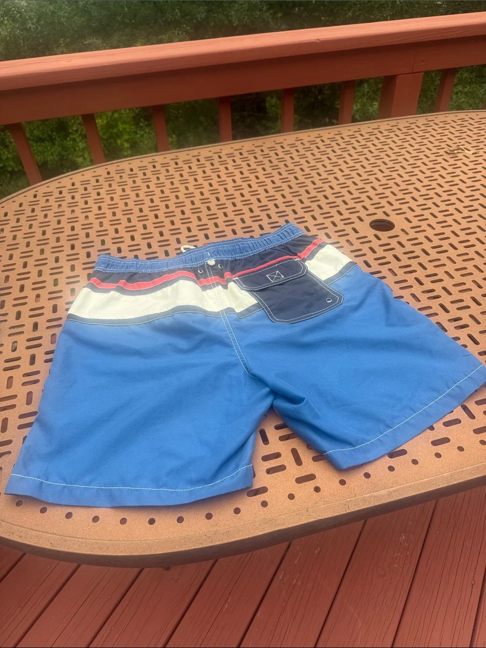 Boston Traders Blue Swim Trunks with Red and White Stripes